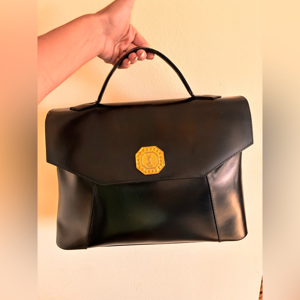 YSL Yves Saint Laurent Black Leather top handle Bag with Gold hardware